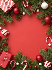 Festive christmas decorations with gifts ornaments and evergreen branches