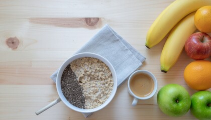 Healthy breakfast spread featuring oatmeal fruit and a cup of espresso coffee