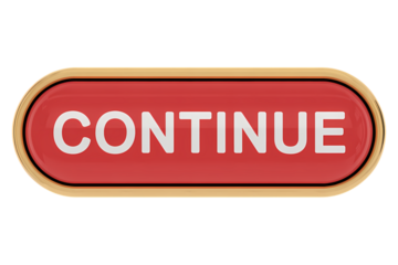 3d icon Red continue button with golden frame. A visual prompt for action and interaction . Isolated on transparent background, png