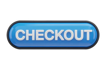 Fototapeta premium 3d icon 3D render of a checkout button that ready to be pressed. The button is light blue and has the word checkout on it . Isolated on transparent background, png