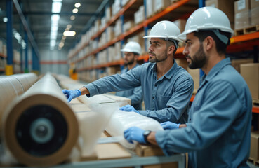 Workers in hard hats and gloves wrap goods in plastic film inside a large warehouse. They prepare items for shipment and export in a busy distribution center. Team members handle cargo on shelves.