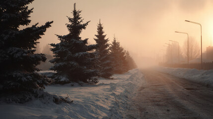 Winter street with snow covered pine trees and warm sunrise light fading into fog creating a peaceful frosty morning scene
