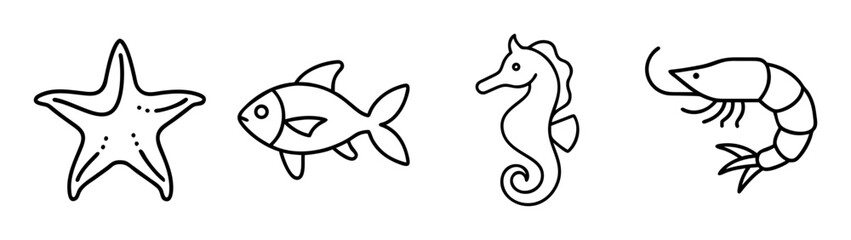 Simple line art illustrations of various sea creatures including starfish, fish, seahorse, and shrimp