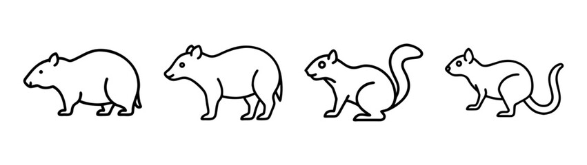 Line art illustration featuring four small rodents including a squirrel and a mouse
