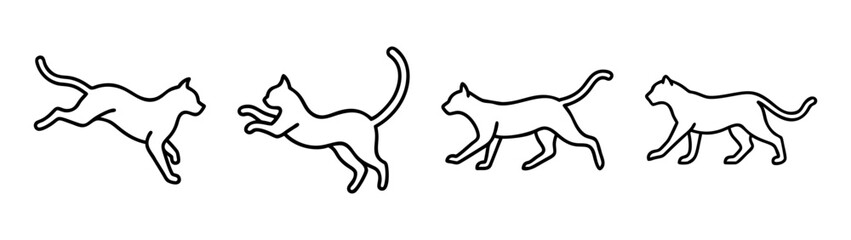 A sequence of four outlined cats demonstrating different gaits like running and walking