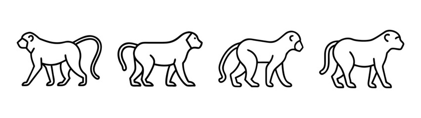 Black and white line art sequence illustration of four baboons walking in profile view.