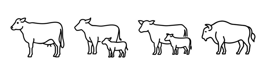 Simple line art illustrations depicting various bovine animals and their young