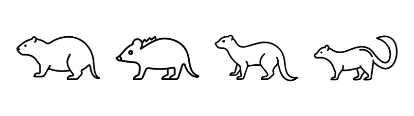 Minimalist line art illustration of four different small mammals side by side