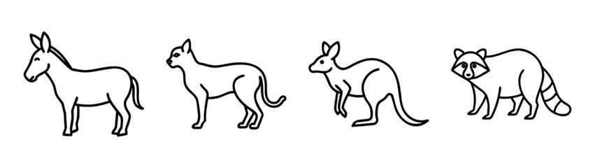 A collection of different animal line art drawings featuring a donkey, cat, kangaroo, and raccoon