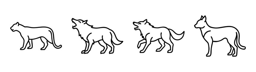 Collection of simple black and white line art illustrations depicting various wild animals