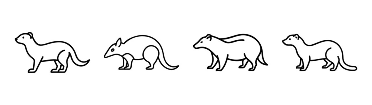Line art illustration set featuring four small mammals including weasels and badgers