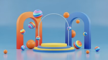 Abstract colorful geometric shapes and platforms create a modern product display or artistic installation scene