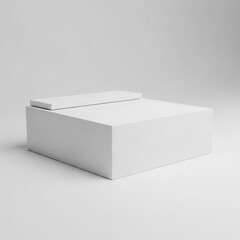 Minimalist composition featuring two white geometric forms a rectangular prism and a flat plane on a seamless background