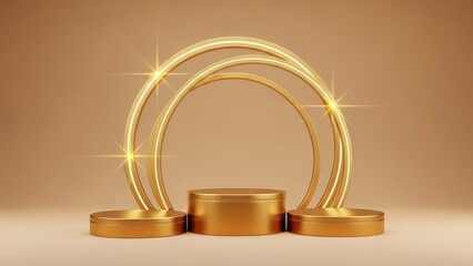 A luxurious golden podium display with three tiers perfect for showcasing awards or products elegantly