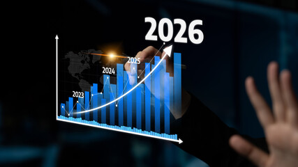 A dynamic digital graph showcases projected growth from 2023 to 2026, featuring vibrant blue bars and a clear upward trend drawn by hand, symbolizing business success. Tessel