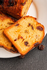 Fruit cake sweet pastry fruitcake dessert dried fruits, nuts traditional baked goods natural product tasty snack fresh delicious gourmet food background on the table rustic top view copy space