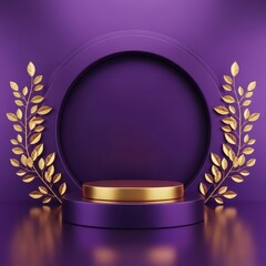 A luxurious purple and gold circular podium with golden leaf accents ideal for product display or presentation