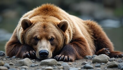 Brown bear rests peacefully on rocky ground near water. Fur shows detailed texture. Wild animal sleeps calmly under soft daylight. Creature is large and brown.