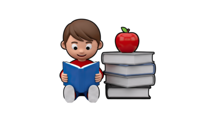 Cartoon Boy Reading Book with Apple on Books