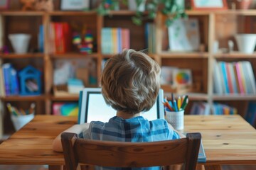 Child Using Tablet at Desk, Digital Learning and Home Education Concept