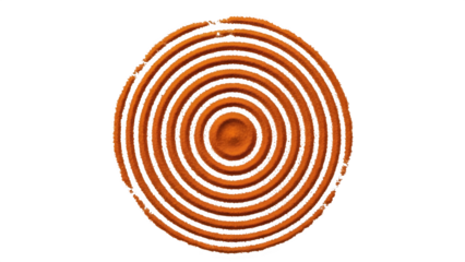 Abstract concentric circles pattern made of brown textured material resembling cinnamon powder or spice, isolated on transparent background