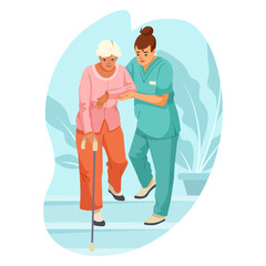 Elderly woman with cane receiving assistance from nurse in uniform, flat style, indoor setting with abstract plant background. Concept of elderly care. Vector illustration