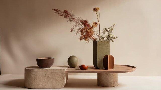 Minimalist still life featuring decorative vase plants wooden table home decor interior design beige background calm aesthetic composition modern styling