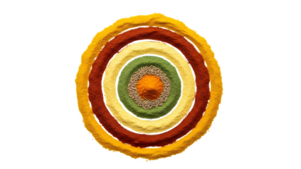 Concentric circles of colorful indian spices and powders arranged in a mandala or target shape, isolated on transparent background