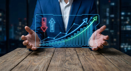 Businessman Analyzing Growth and Performance Trends with Futuristic Digital Graphs