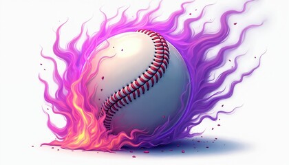 White baseball with bright pink and purple flames erupting around it. The fiery sports graphic is isolated on a clean white background, suggesting intense game action and power.