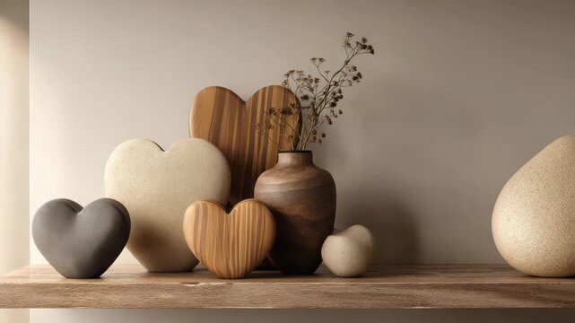 Heart shaped decorative objects and vases arranged on wooden table for modern home decor interior design minimalist beige background aesthetic neutral romantic still life