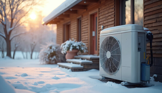 Heat pump unit operates outdoors beside wooden house in winter snow. Device provides warmth during cold season. Residential building exterior with frosty trees and warm sunset.