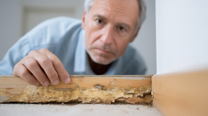Faceless man examining termite infestation on baseboard, heavily defocused wall corner background, anonymous person with damaged wood visible mold and pests, home maintenance pest