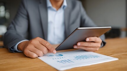 A businessman in a suit reviews financial data on a tablet alongside a printed report with charts and graphs on a wooden desk