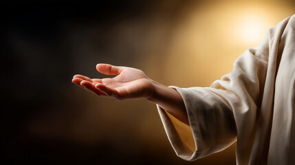 Powerful image of faceless man in biblical attire extending hand with compassionate inviting gesture, symbolizing faith, love and redemption, warm lighting, defocused spiritual bac