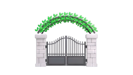 Cartoon Garden Gate with Arch and Green Leaves on White