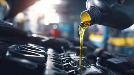 automotive maintenance scene, fresh oil being poured into engine, clean workshop, soft daylight, realistic photography, fuel efficiency maintenance