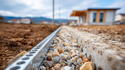 Detailed shot of foundation drainage system installation, perforated pipes and gravel visible, outdoor trench perspective, practical home repair scenario, natural lighting. High-re