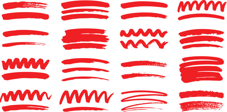 Red underline. Scribble marker or pencil strokes, rough textured hand drawn brush lines, squiggles, waves and cross. Text emphasis, editing and strike ...