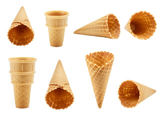 Ice cream cones with vanilla and chocolate scoops on a waffle cone isolated on white background
