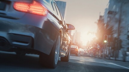 car accelerating smoothly from traffic light, early gear shift concept, calm city street, cinematic lighting, realistic motion, fuel efficiency theme