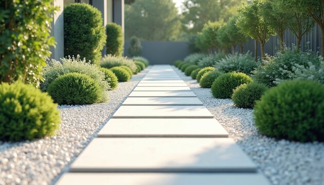Modern garden path made of light concrete slabs and white gravel. Symmetrically trimmed green shrubs and trees line walkway leading to house. Lush foliage creates peaceful, clean look.
