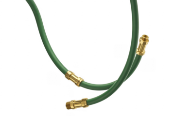 Green hose with gold fittings isolated on a transparent background tube