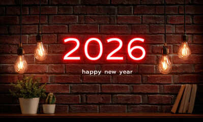 Obraz premium Happy new year 2026 neon sign on brick wall with bulbs and plants