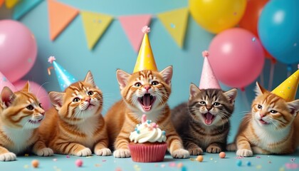 Fototapeta premium Group of kittens wear party hats near cupcake and balloons. Animals celebrate birthday event together. Cute cats feel happy at festive party.