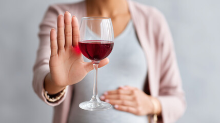 Faceless pregnant woman refusing red wine glass for unborn baby health protection, alcohol abstinence during pregnancy, responsible maternal care, with copy space
