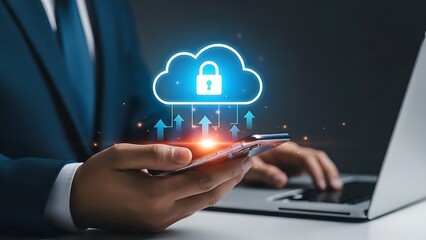 Secure cloud computing concept with business professional using mobile device and laptop