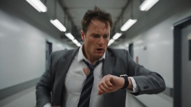 A businessperson sprints through a stark, fluorescent-lit corridor, checking the watch anxiously, embodying urgency and tension. Every moment counts in this dramatic scene.