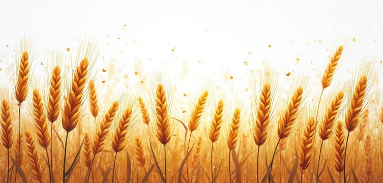 Golden wheat field with ripe ears and falling seeds. Illustration shows cereal crop ready for harvest. Warm sunlight illuminates stalks. Natural bounty for bread production.