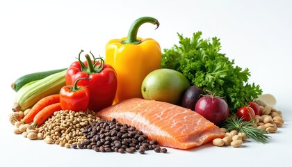 Salmon fillet with fresh vegetables and nuts arranged on white background. Healthy food assortment includes bell peppers tomatoes zucchini carrots mangoes avocados. Nutritious ingredients variety.